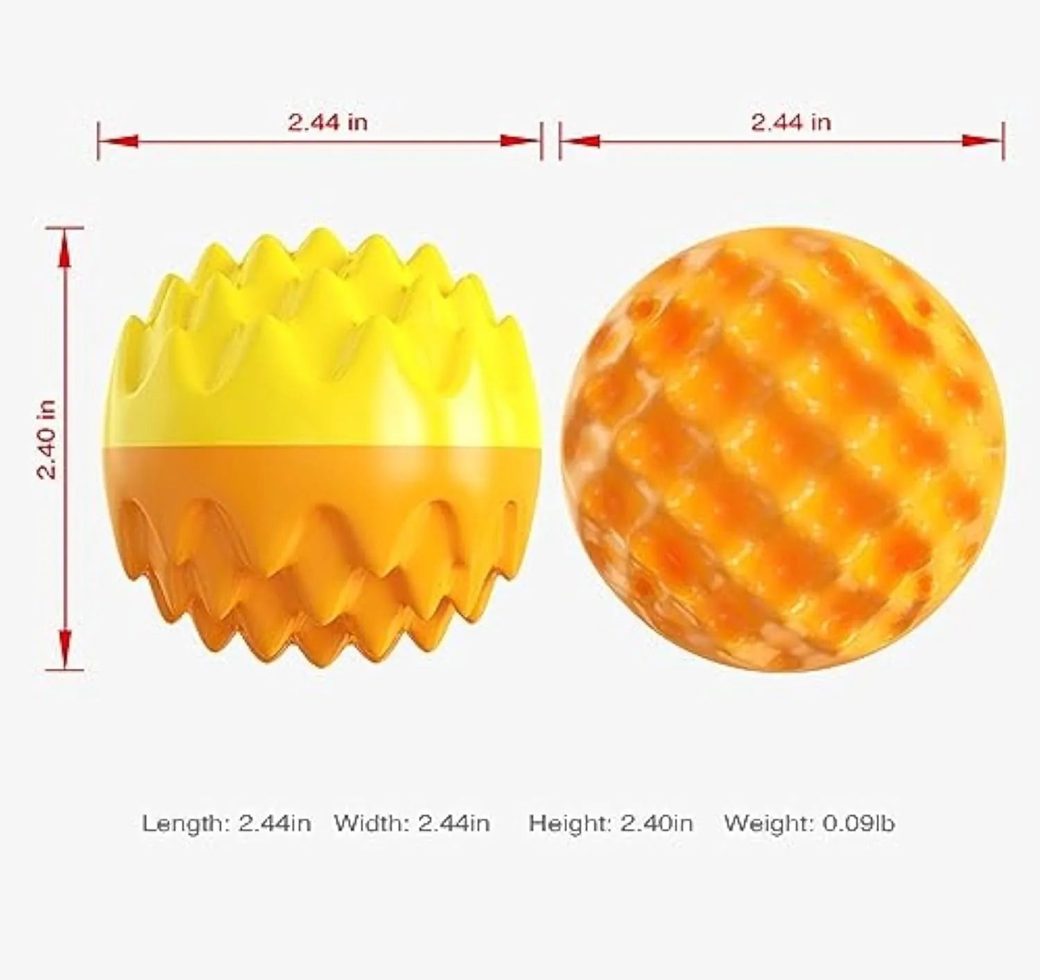 Blue or orange durable rubber dog ball with spiky cleaning bumps and squeaker for aggressive chewers