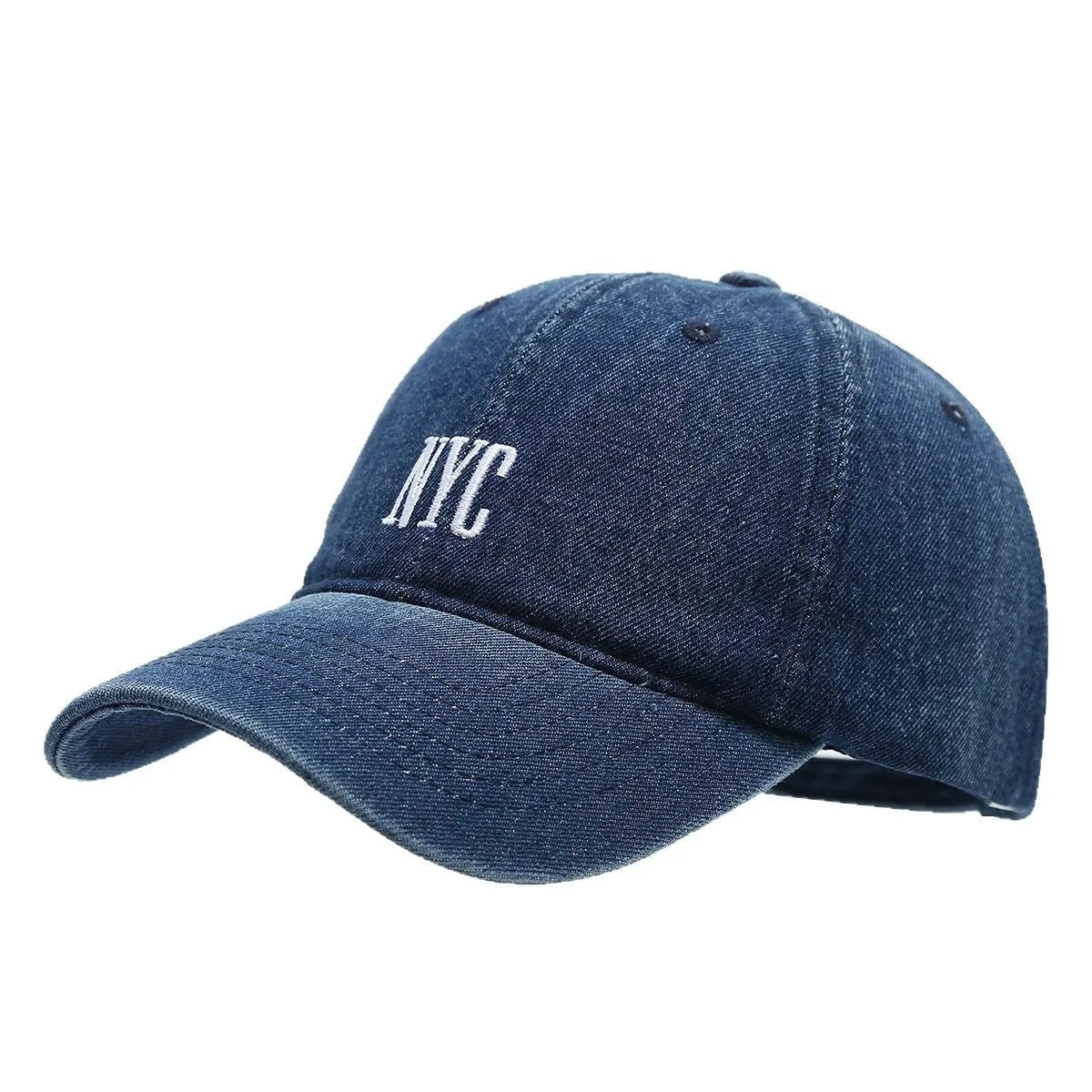 Light blue denim peaked cap with embroidered lettering on the front, showing adjustable strap.