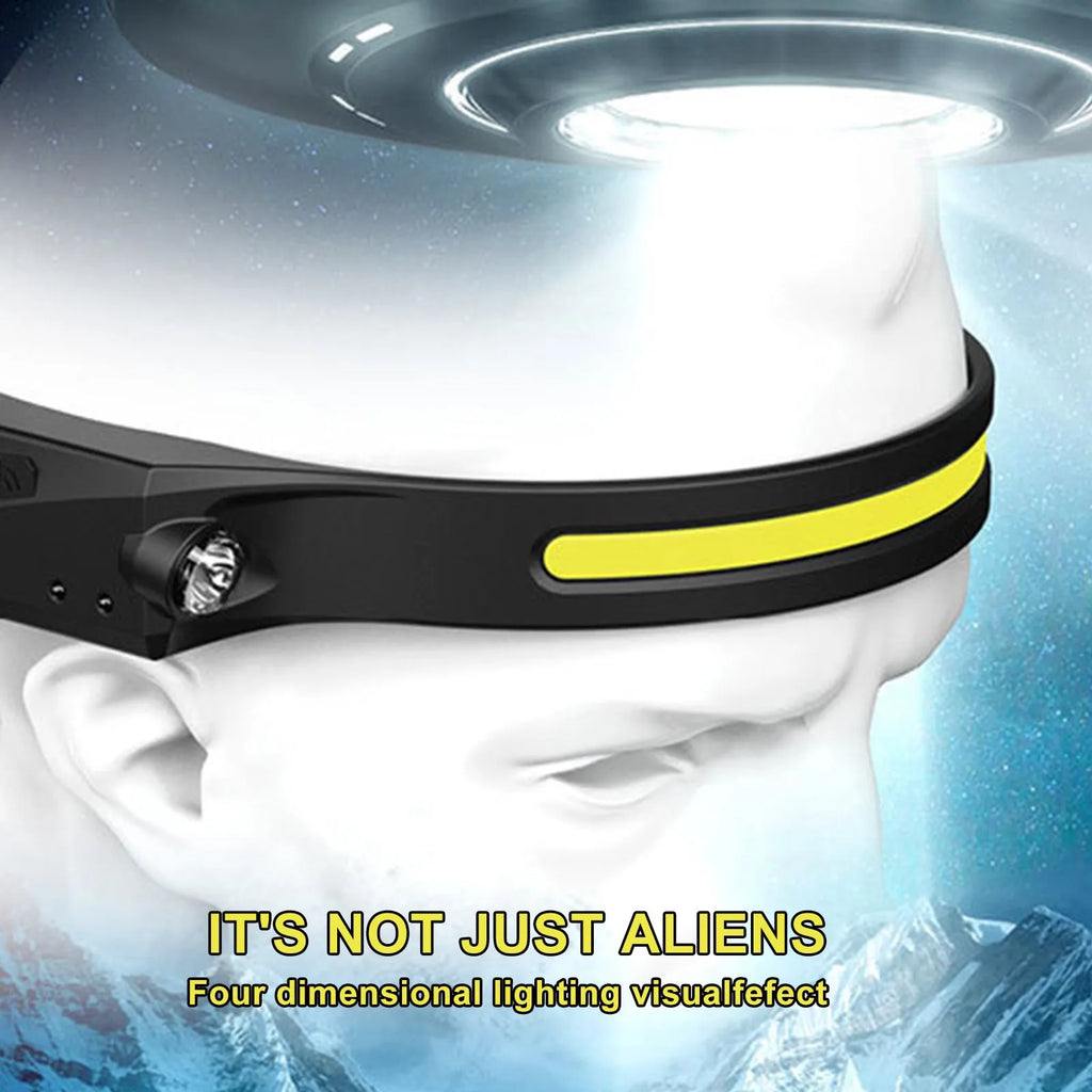 Black silicone USB rechargeable headlamp with wide LED beam, shown with adjustable strap and side wave sensor.