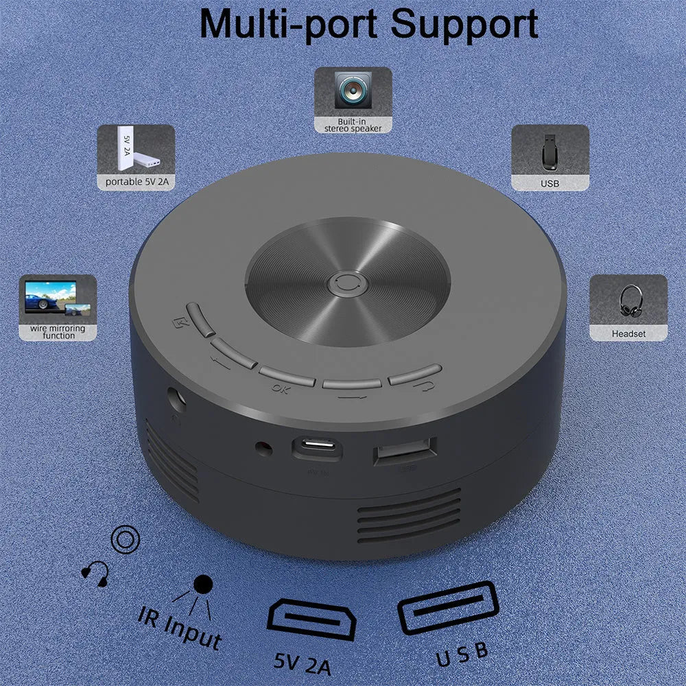 Black portable children's home projector for mobile phone connection on a surface