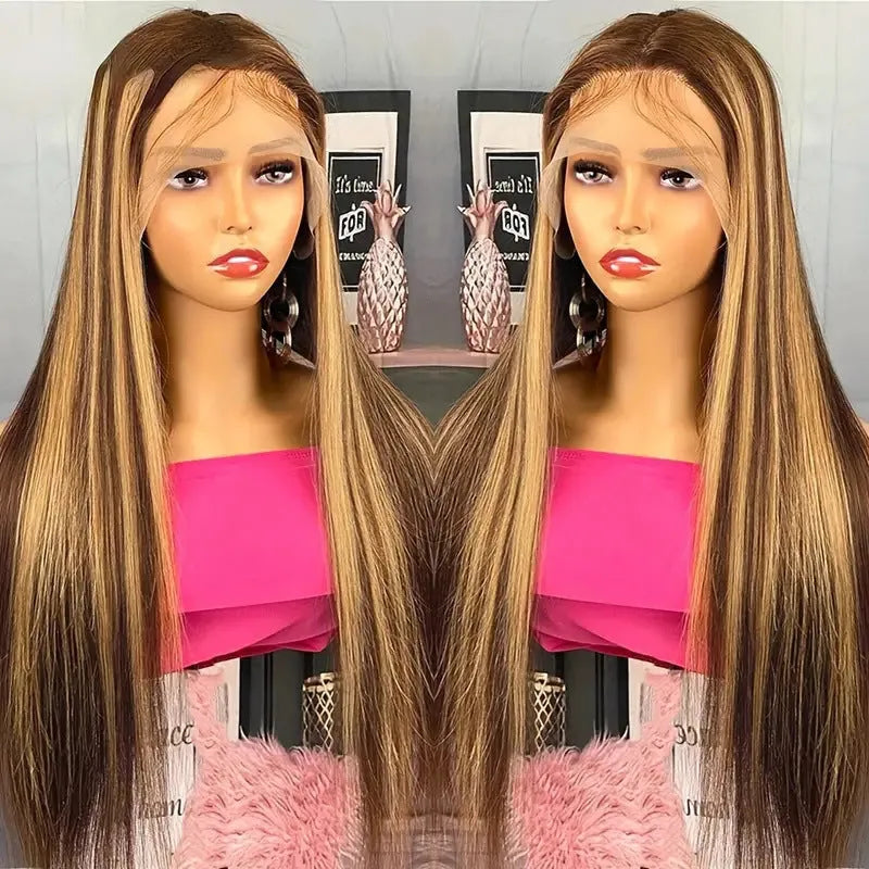 Long straight hair lace front wig side bangs piano colour high temperature fibre full-head
