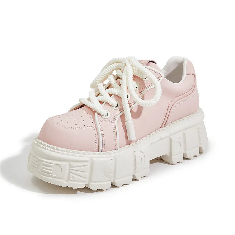 Spring muffin bottom casual leather shoes in beige and pink with height increasing sole