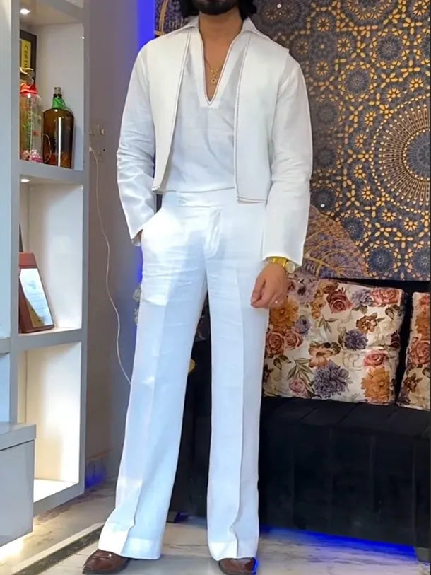 White three-piece outfit showing V-neck shirt, sleeveless vest, and full-length trousers laid flat