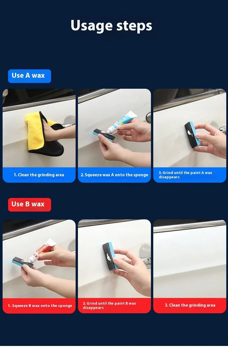 Car repair wax kit with A wax, B wax, and a frosted sponge mop for scratch removal and polishing.