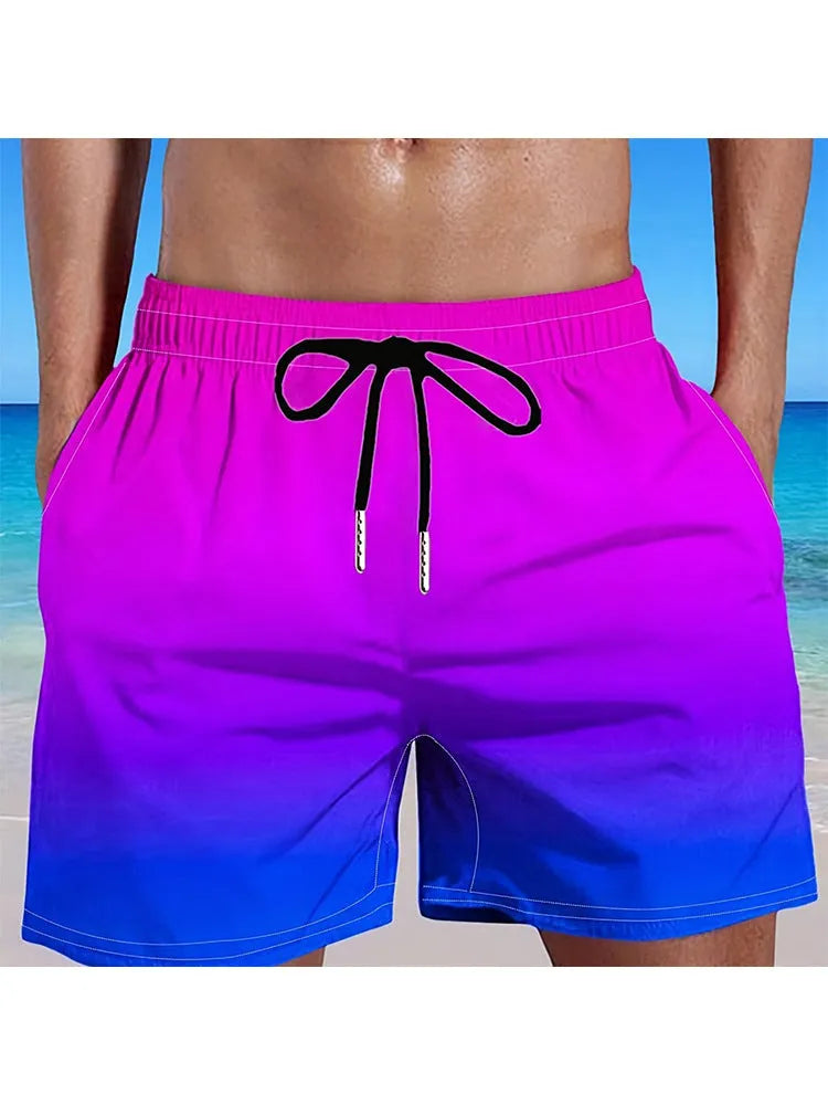 Men's gradient colour 3D digitally printed mesh sports shorts on a size chart.