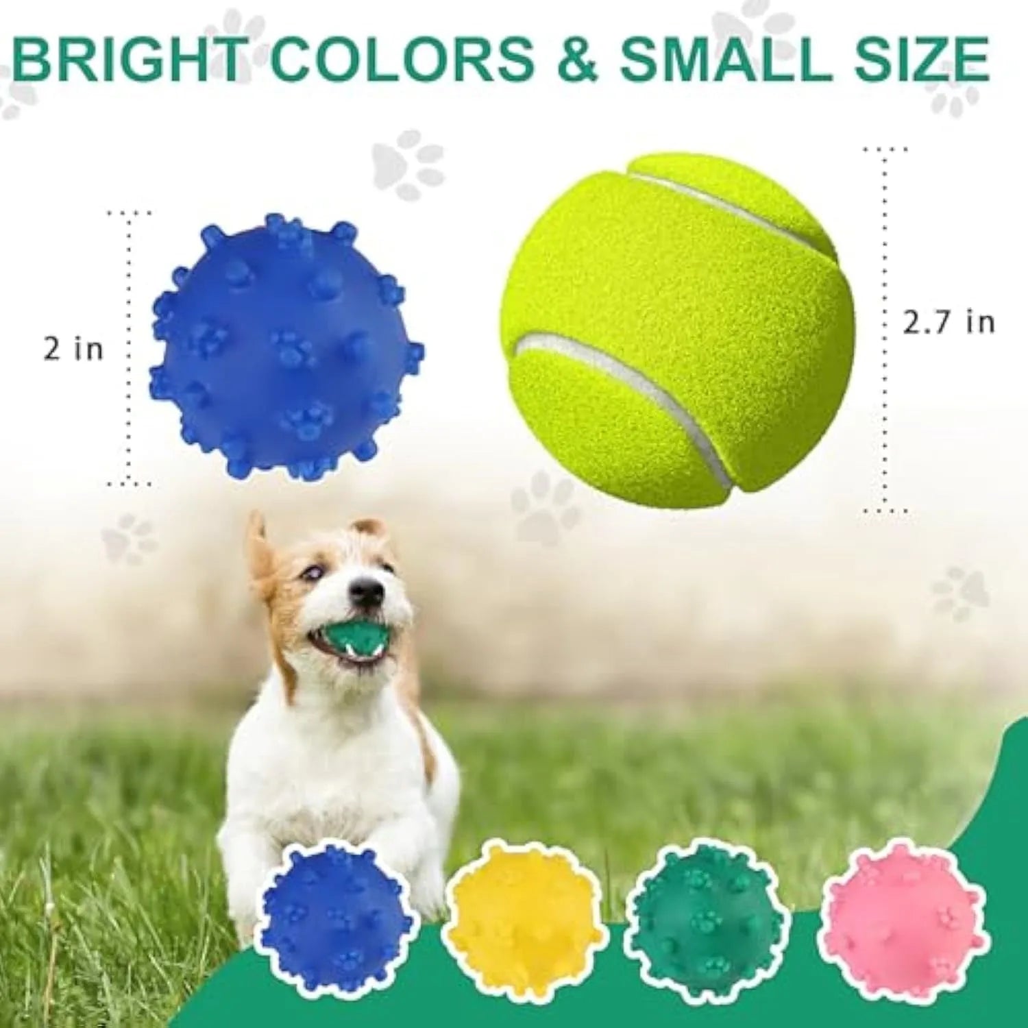 Blue, green, pink, and yellow spiky dog toy balls with paw print dimples, shown next to a small dog.