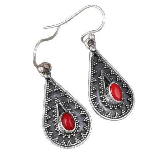 Silver retro-style water drop earrings with European and American national design in zinc alloy with gemstone accents