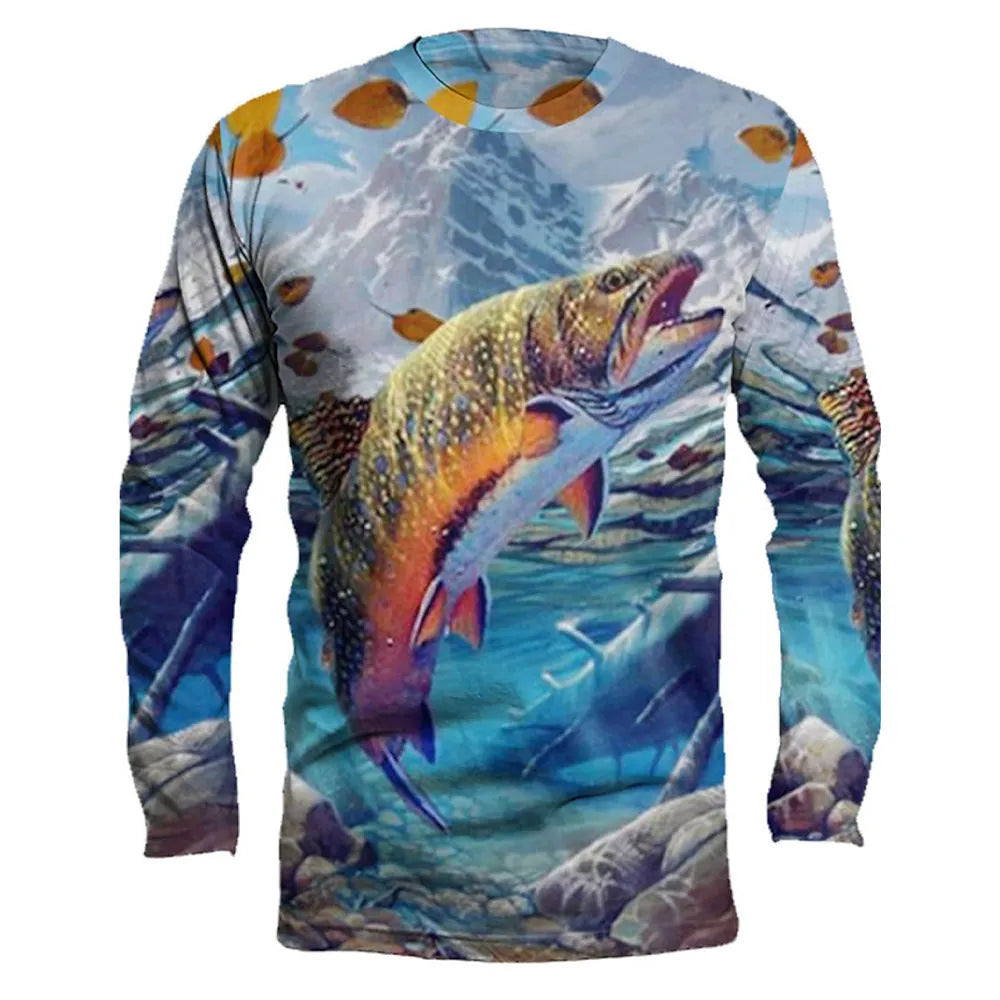 Men's long-sleeved grey pullover top with a detailed all-over blue fish print, round neck