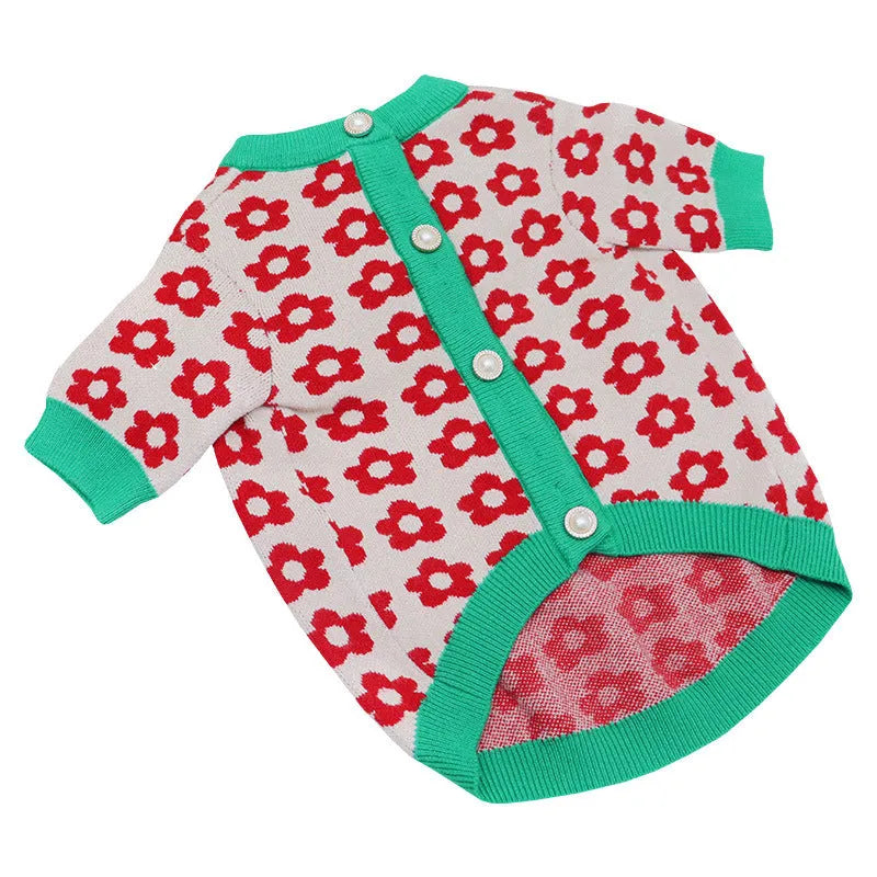 Wool dog sweater with cartoon animal design choices: rabbit, red pig, strawberry, or flower cardigan.