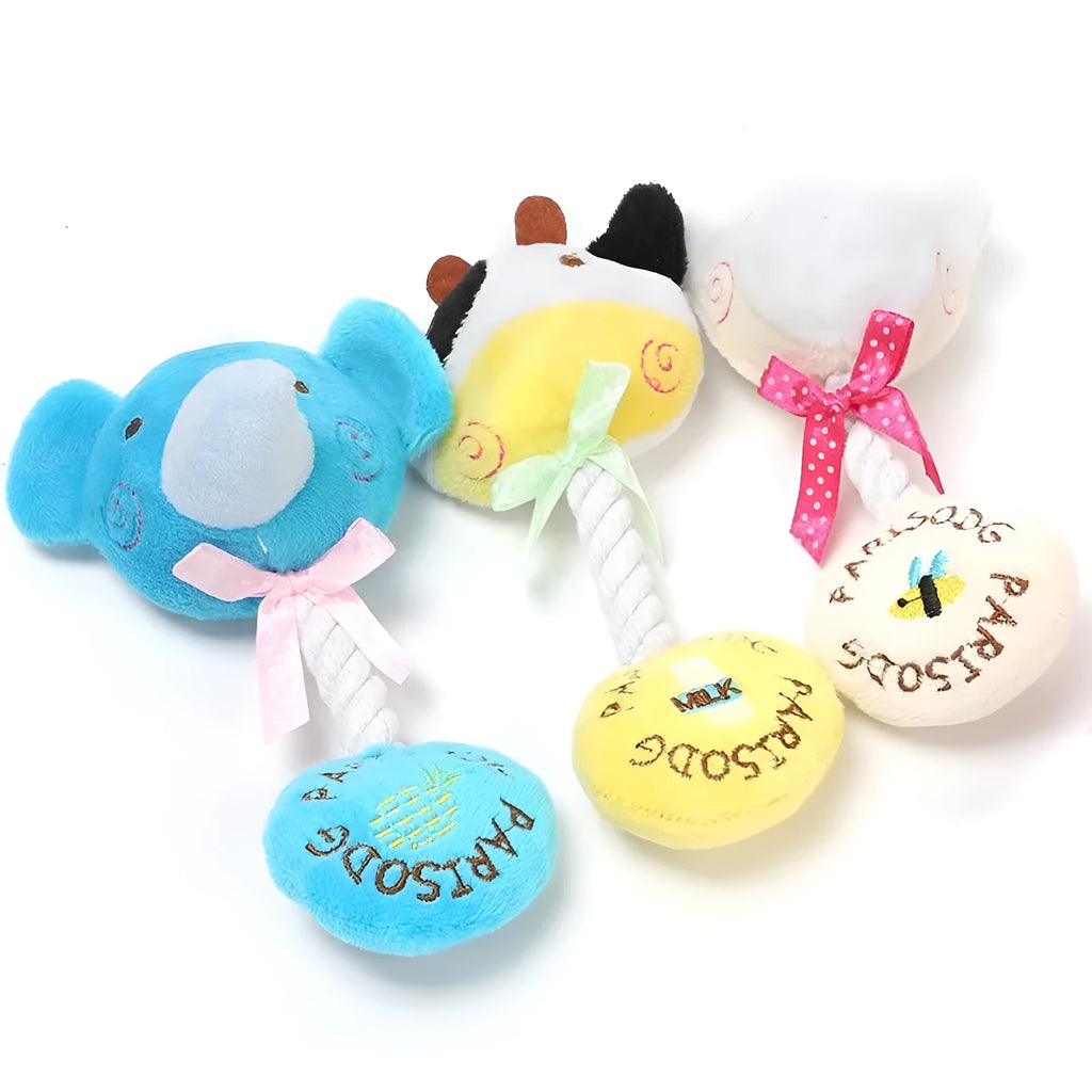 Plush animal dog toy with cotton rope and squeaker in frog, elephant, cow, and bear designs.