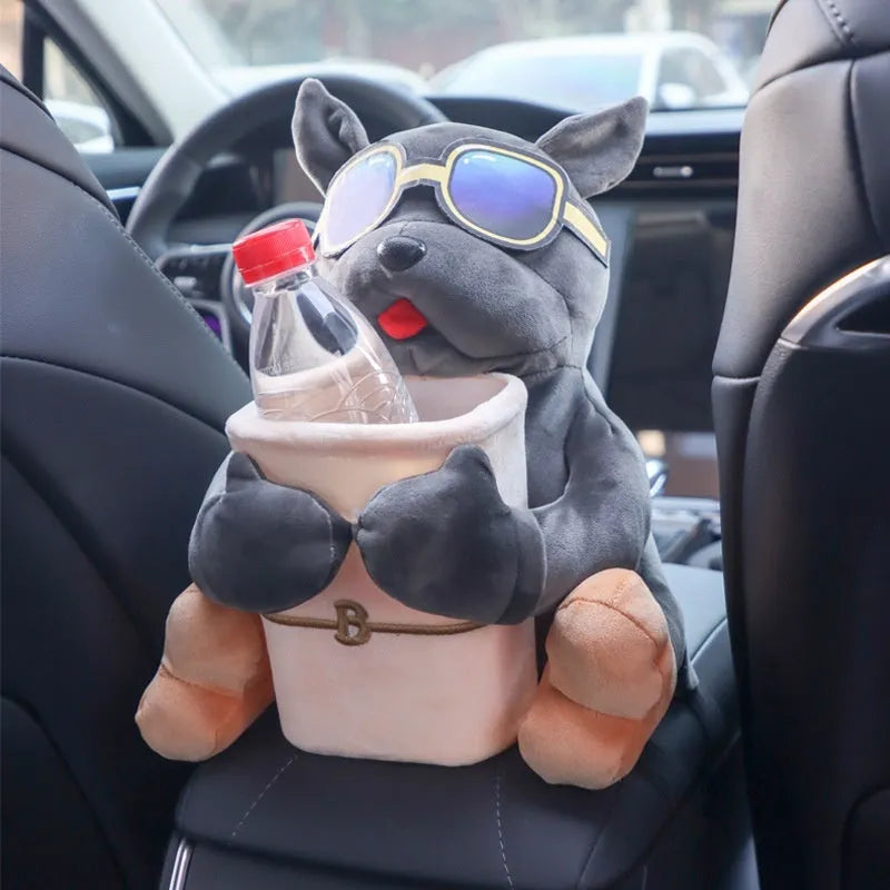 Plush fabric car tissue box with character design hanging from vehicle armrest