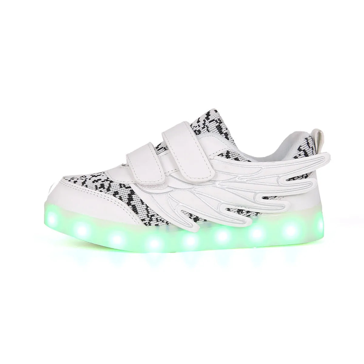 Children's plum red and white LED light-up sneakers with USB charging port visible.