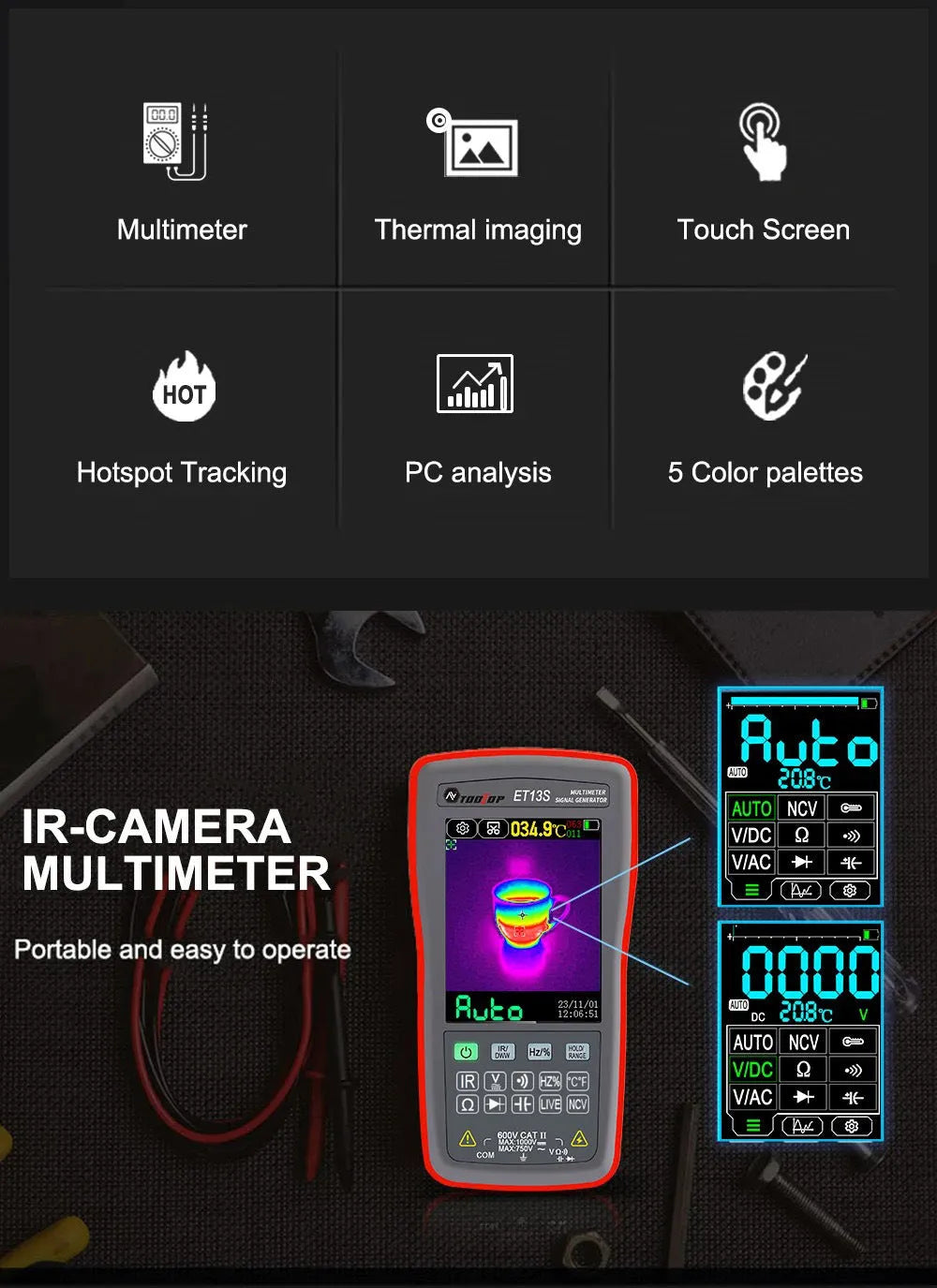ET13S thermal imaging multimeter showing infrared display and electrical measurement functions on 2.8 inch touchscreen