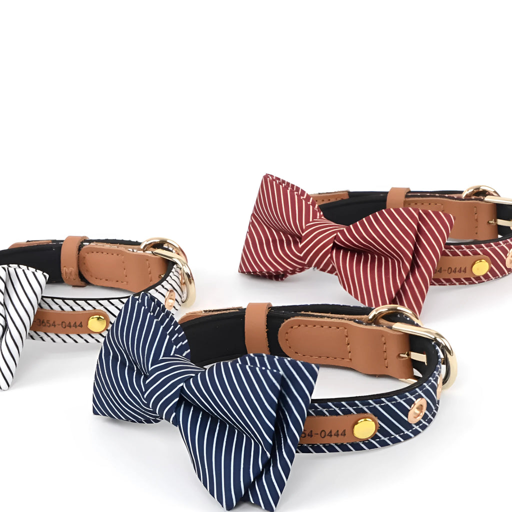 Cotton dog collar with detachable bow in dark blue colour with optional leather lettering