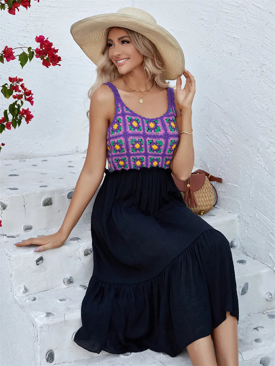 Purple sleeveless dress with hand-hook flower stitching detail on cotton blend fabric.