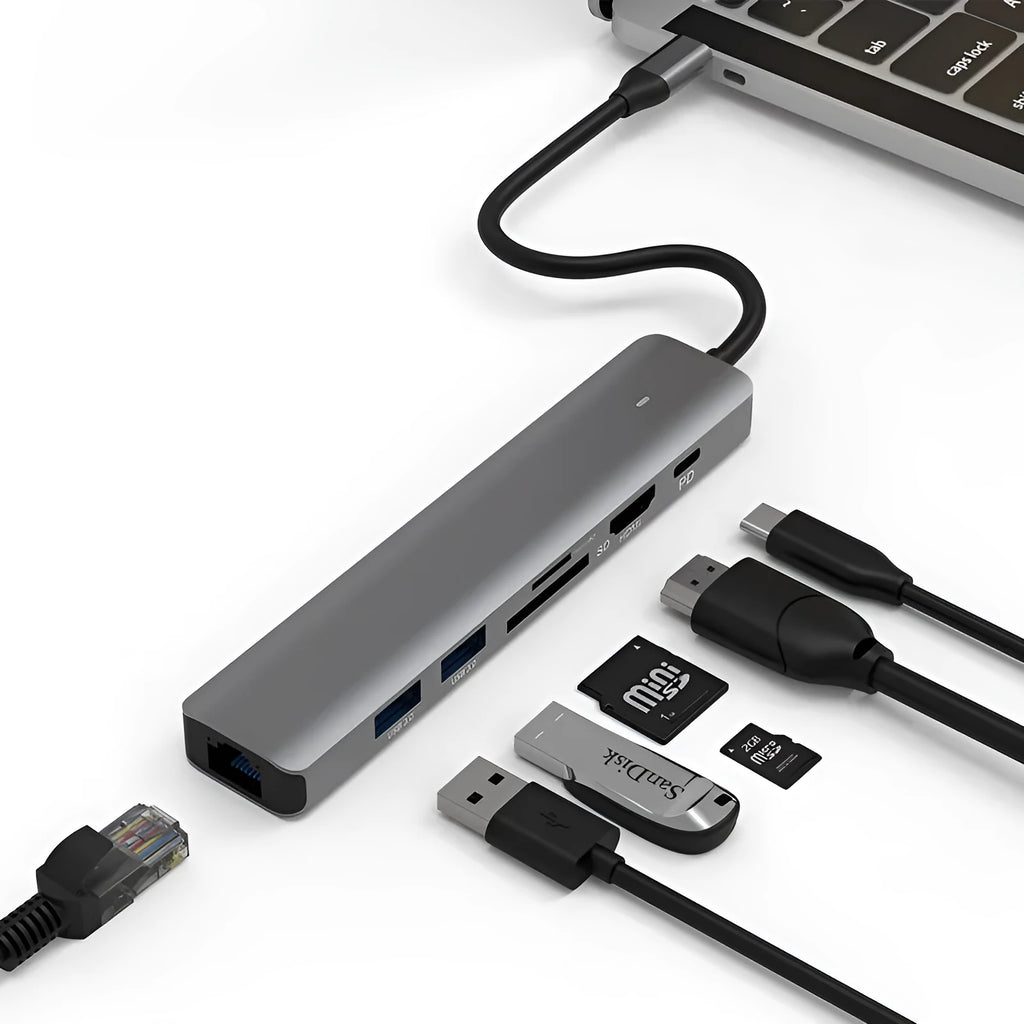 LQT-LH07 7-in-1 USB-C computer hub with card readers and charging port on a desk.