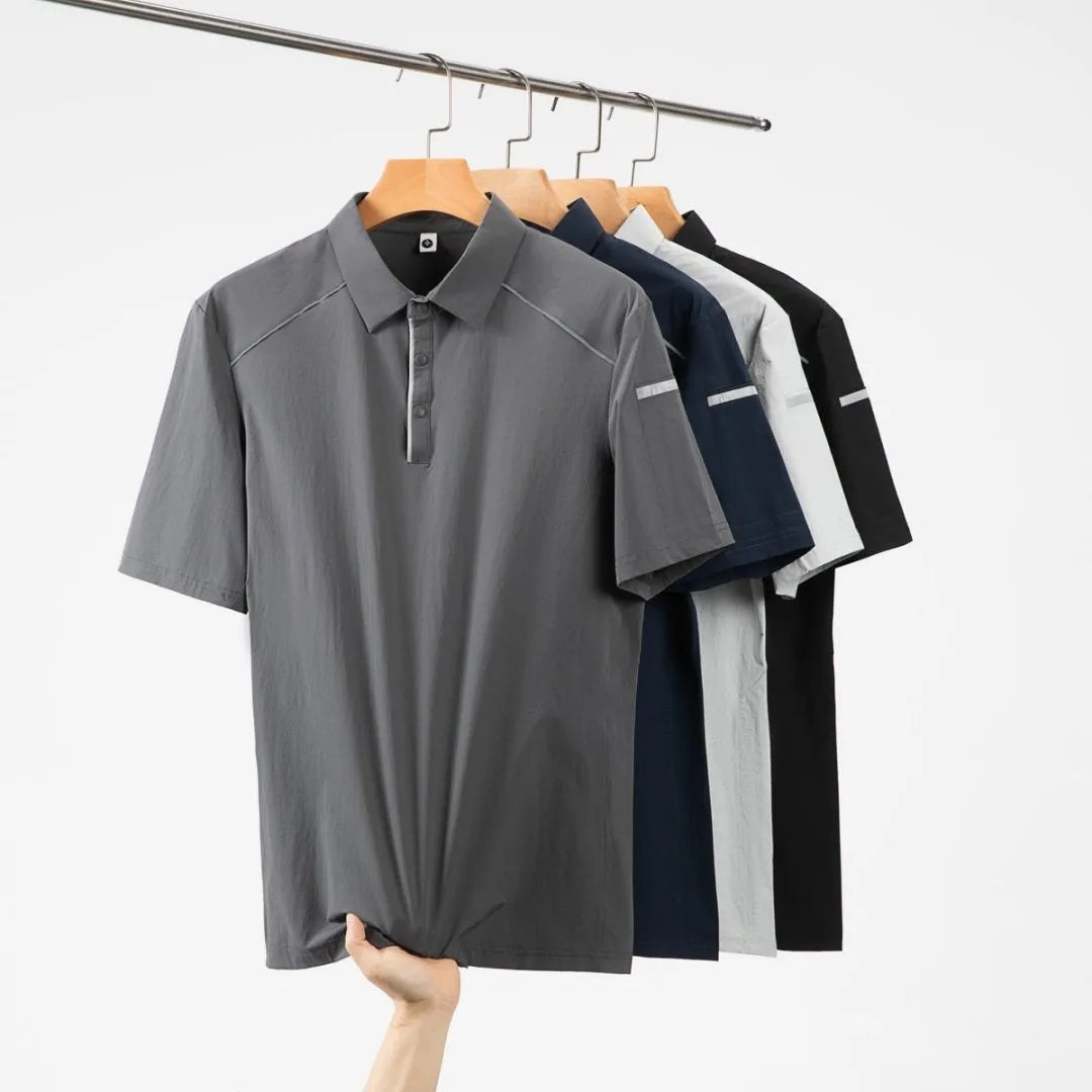 Nylon loose fit short sleeve t-shirt with a stand collar and colour stitching detail, shown in a business casual context.