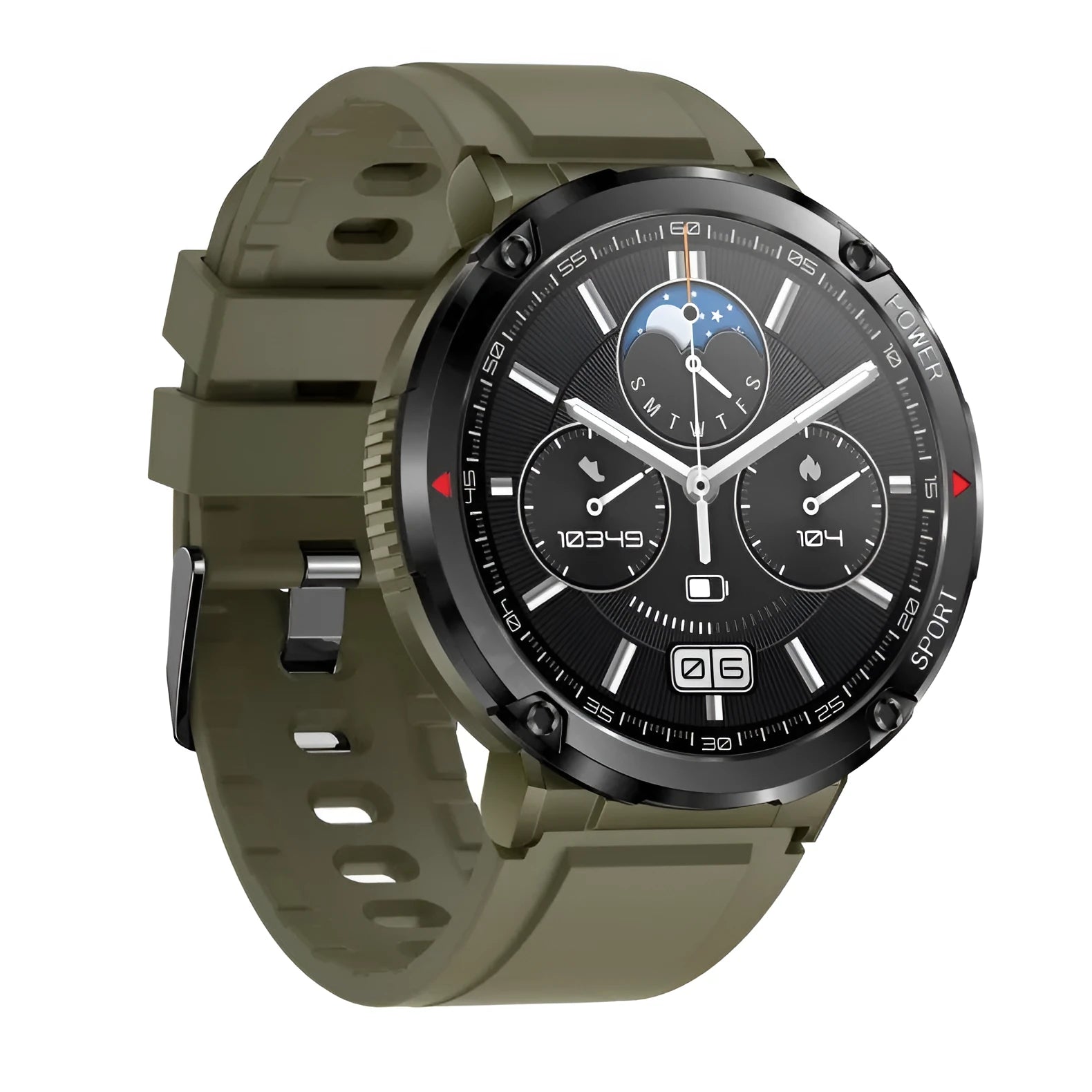 T30 Smart Watch with black silicone strap showing 52mm IPS touch screen displaying time and heart rate.