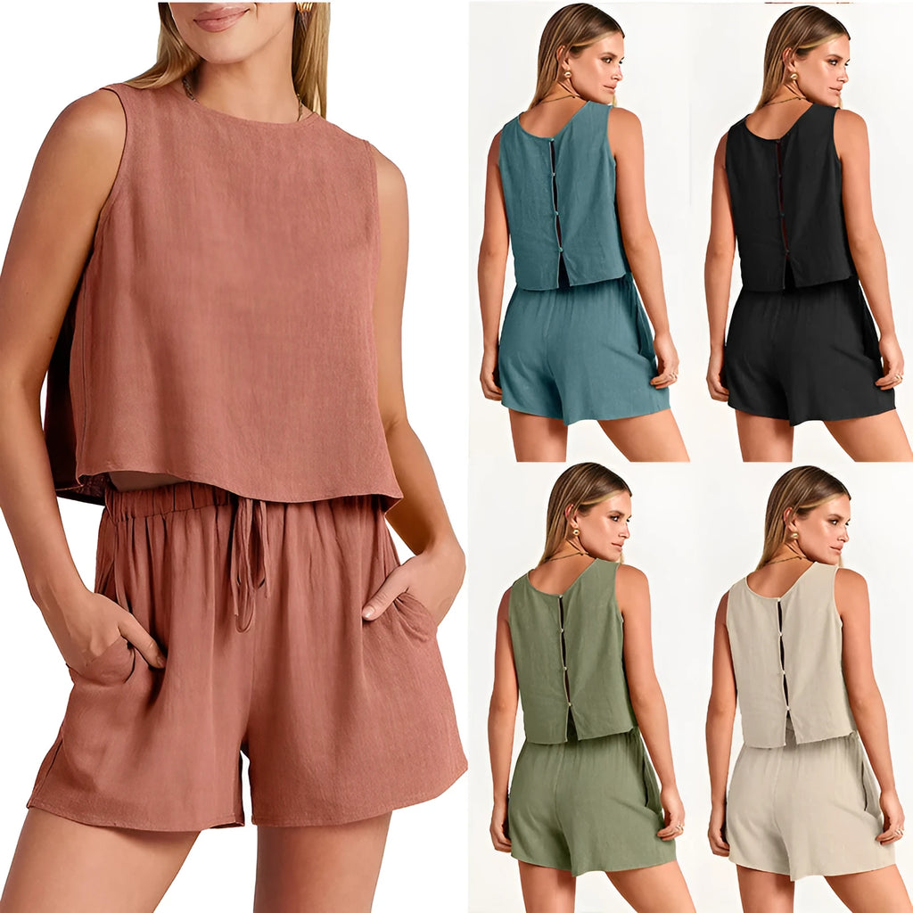 Women's apricot coloured sleeveless top and drawstring shorts summer set made from rayon and linen blend.