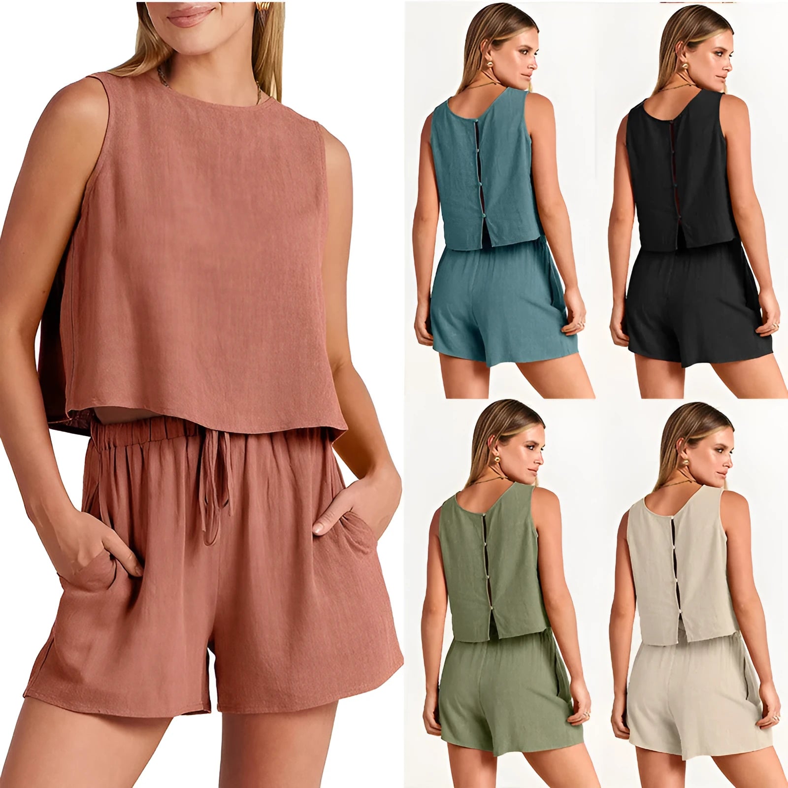 Women's apricot coloured sleeveless top and drawstring shorts summer set made from rayon and linen blend.
