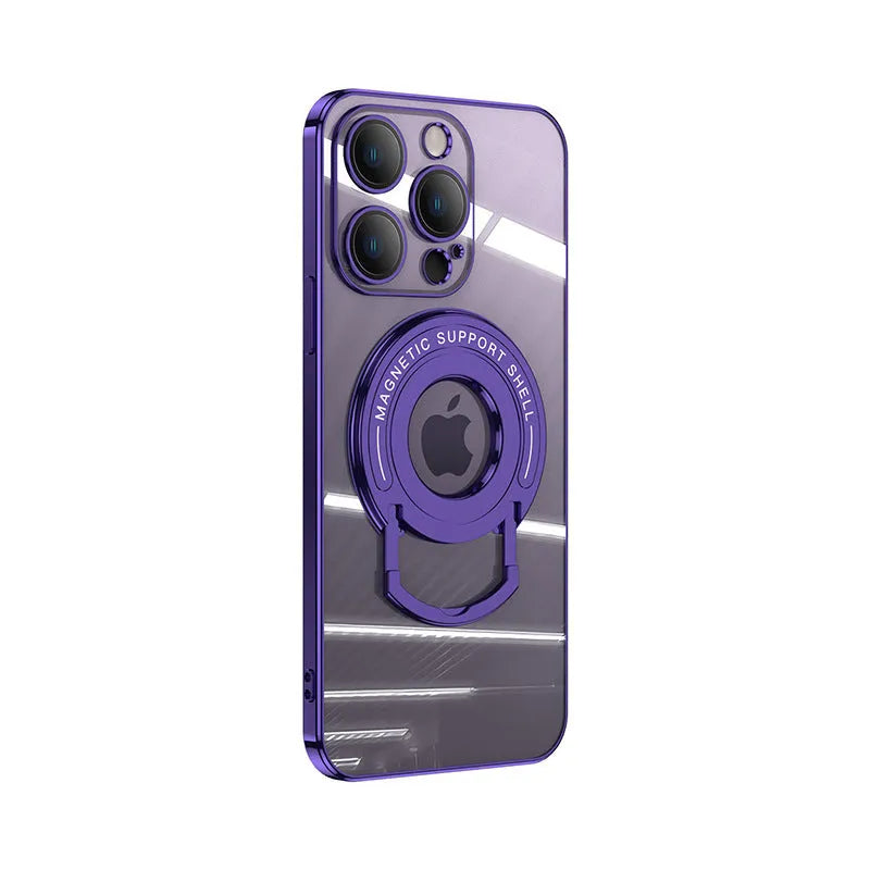 Transparent magnetic iPhone case with retractable stand pulled out, shown in far peak blue colour