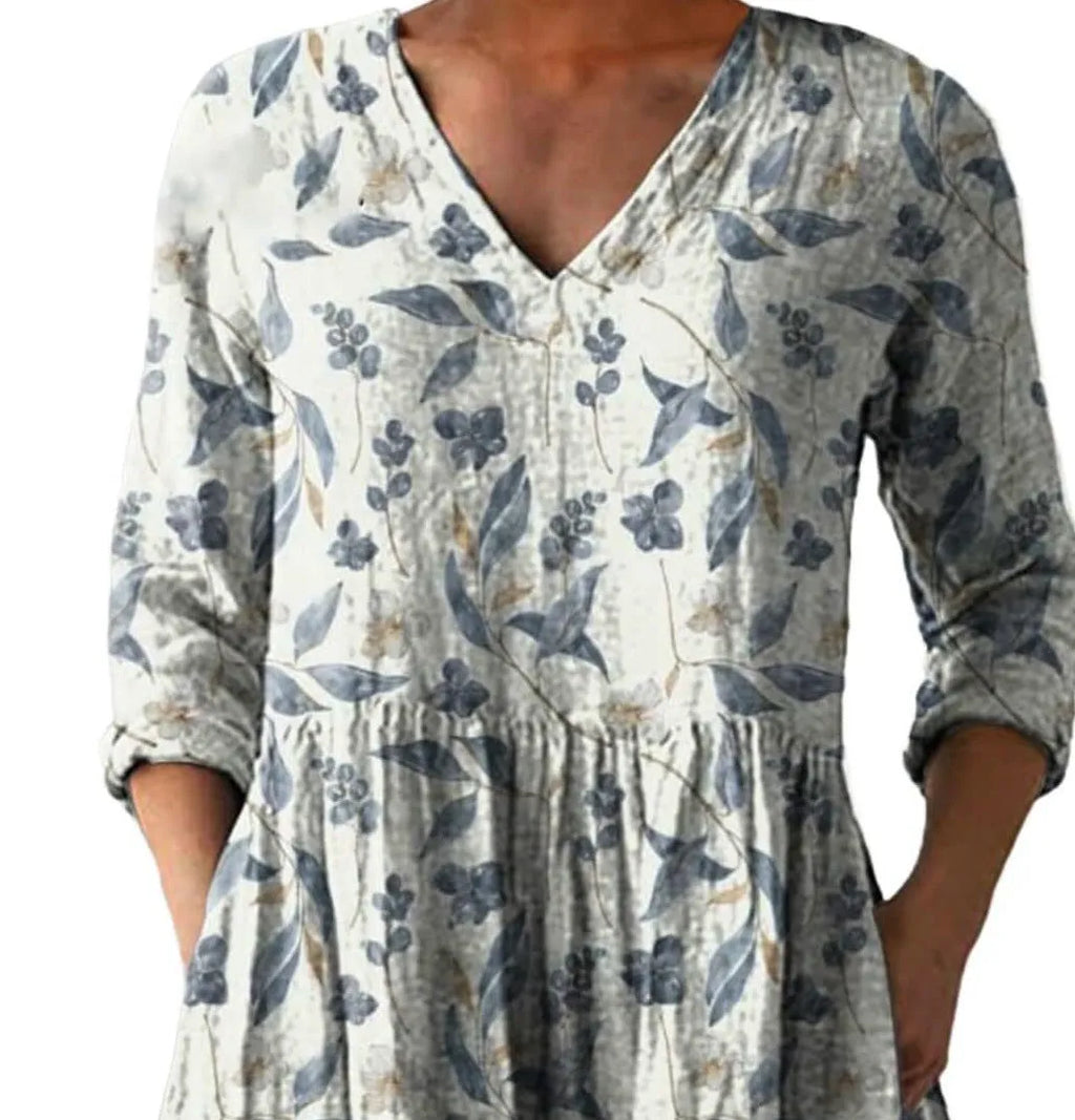 Women's printed wave pattern loose dress with 3/4 sleeves and wide waist