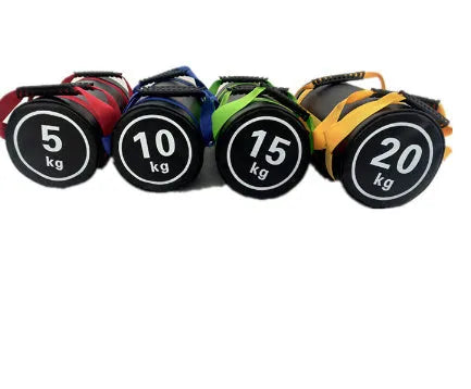PVC fitness training sandbag in flat white leather finish showing weight specifications from 5kg to 30kg