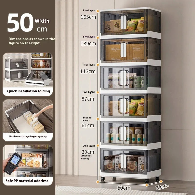 A white foldable storage locker with wheels and multiple shelves, shown in a home setting.