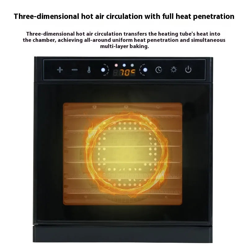 Stainless steel fruit dehydrator machine with multiple mesh trays and an LED control panel.