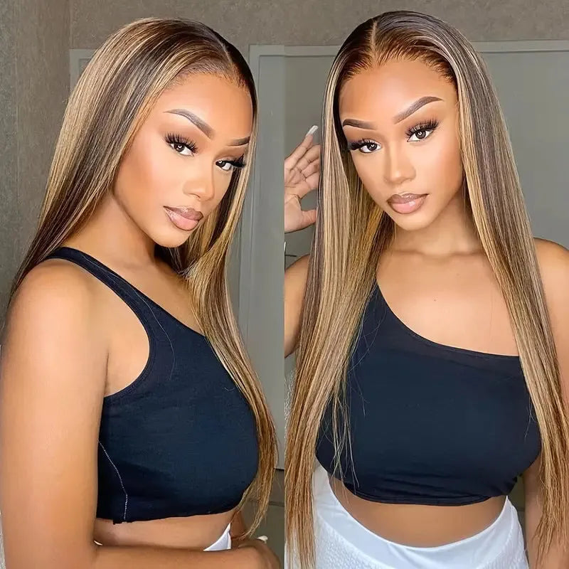 Long straight hair lace front wig side bangs piano colour high temperature fibre full-head