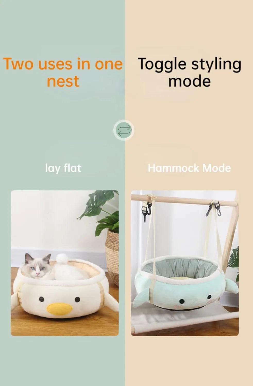 Green chick-shaped cat bed shown both flat and hanging as a hammock, for small pets.