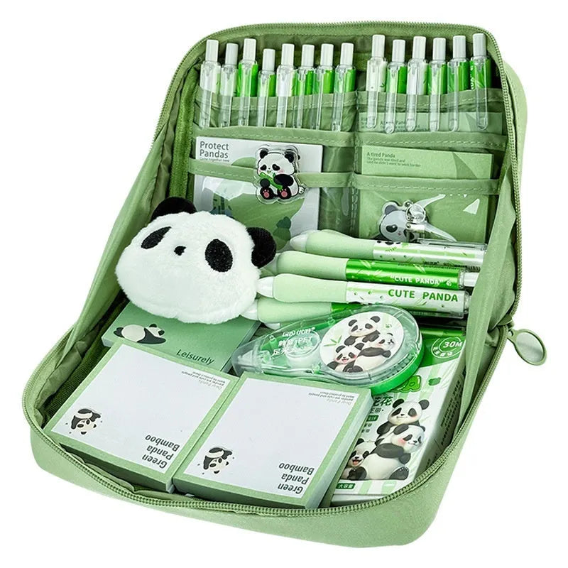 Green canvas panda pencil case with 12 zippered layers for stationery organisation