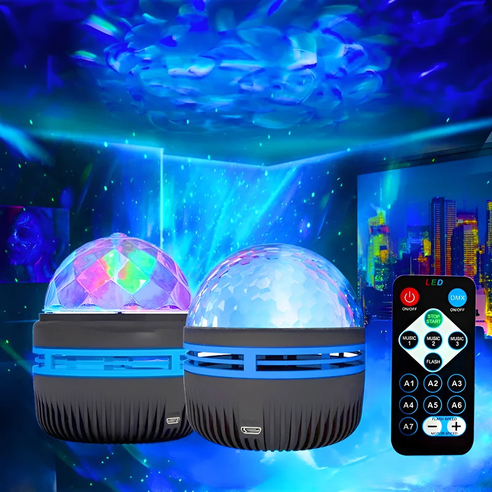 Silver LED galaxy projector lamp with acrylic shade on a table, showing starry light projection on a blue wall.