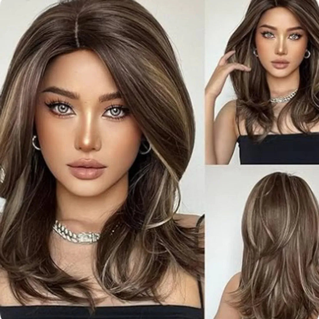 Mid-length platinum gradient colour curly wig with long bangs in star fashion style