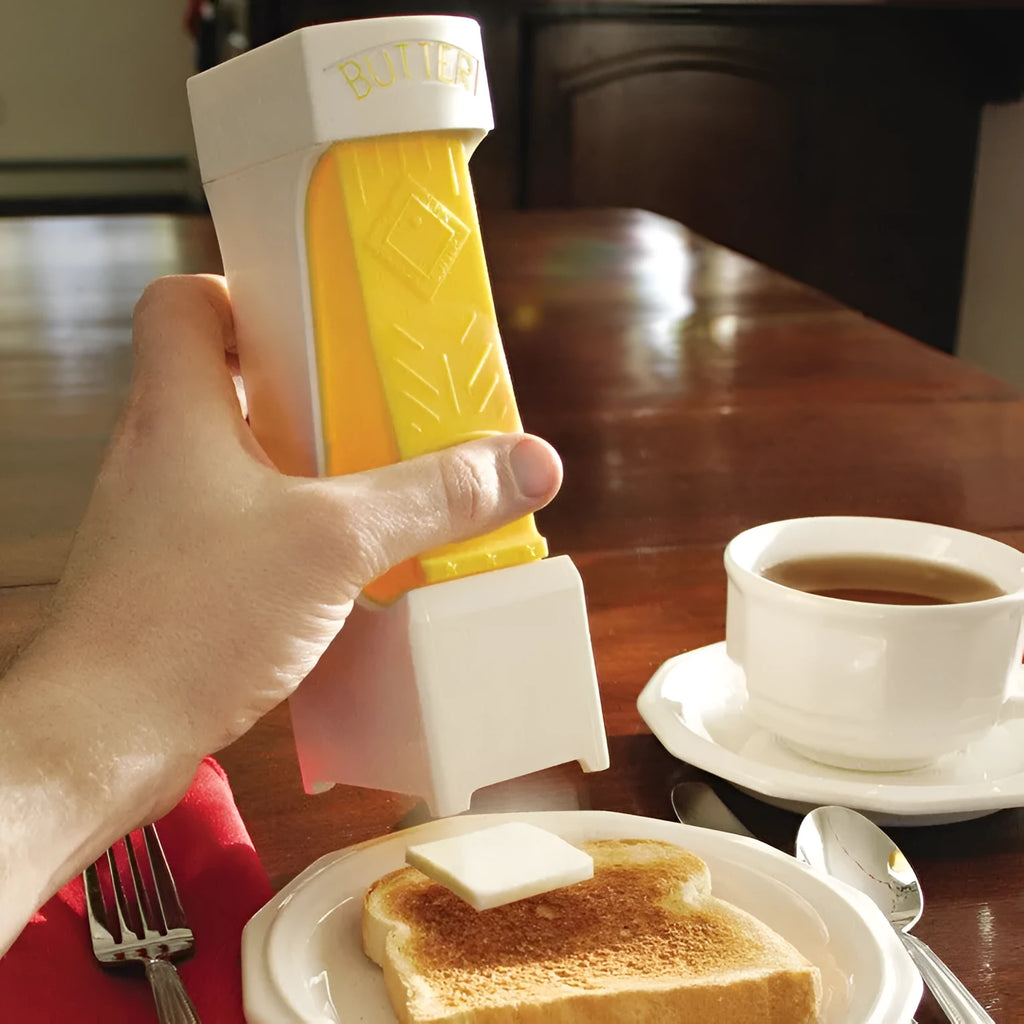 Yellow butter cutter slicer for 4.75 inch sticks with stainless steel blades and one-button dispenser