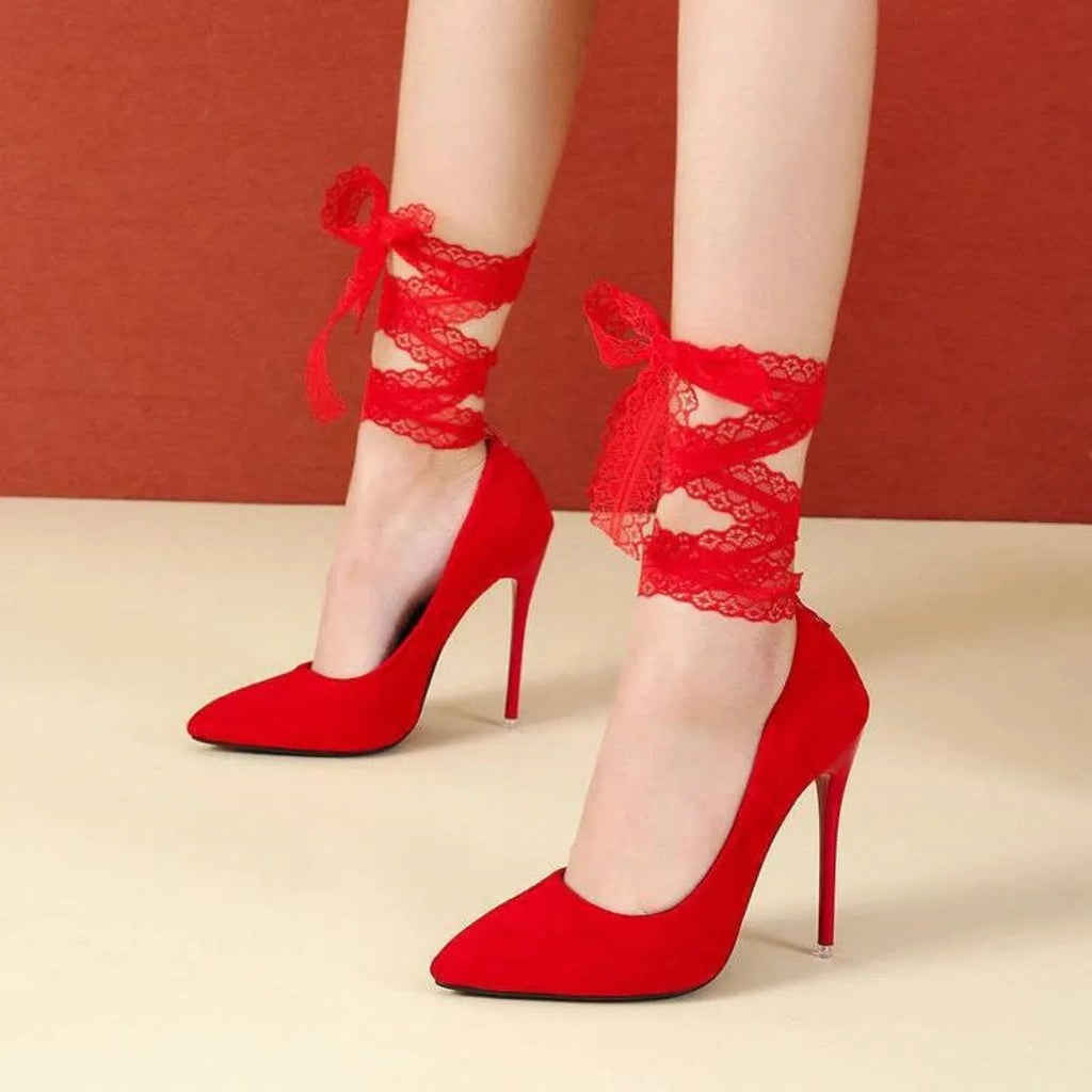 Black and red women's pointed toe court shoes with a strap, shown in 10cm and 12cm heel heights