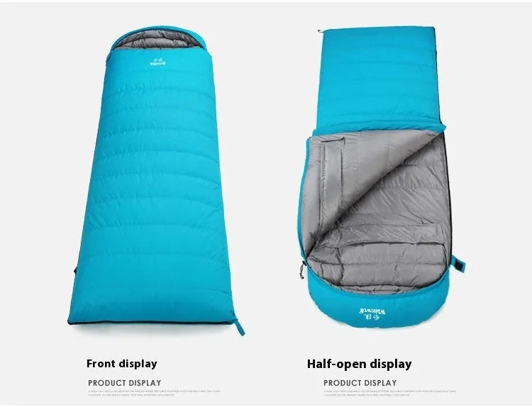 Black outdoor sleeping bag with envelope structure, filled with white goose down.