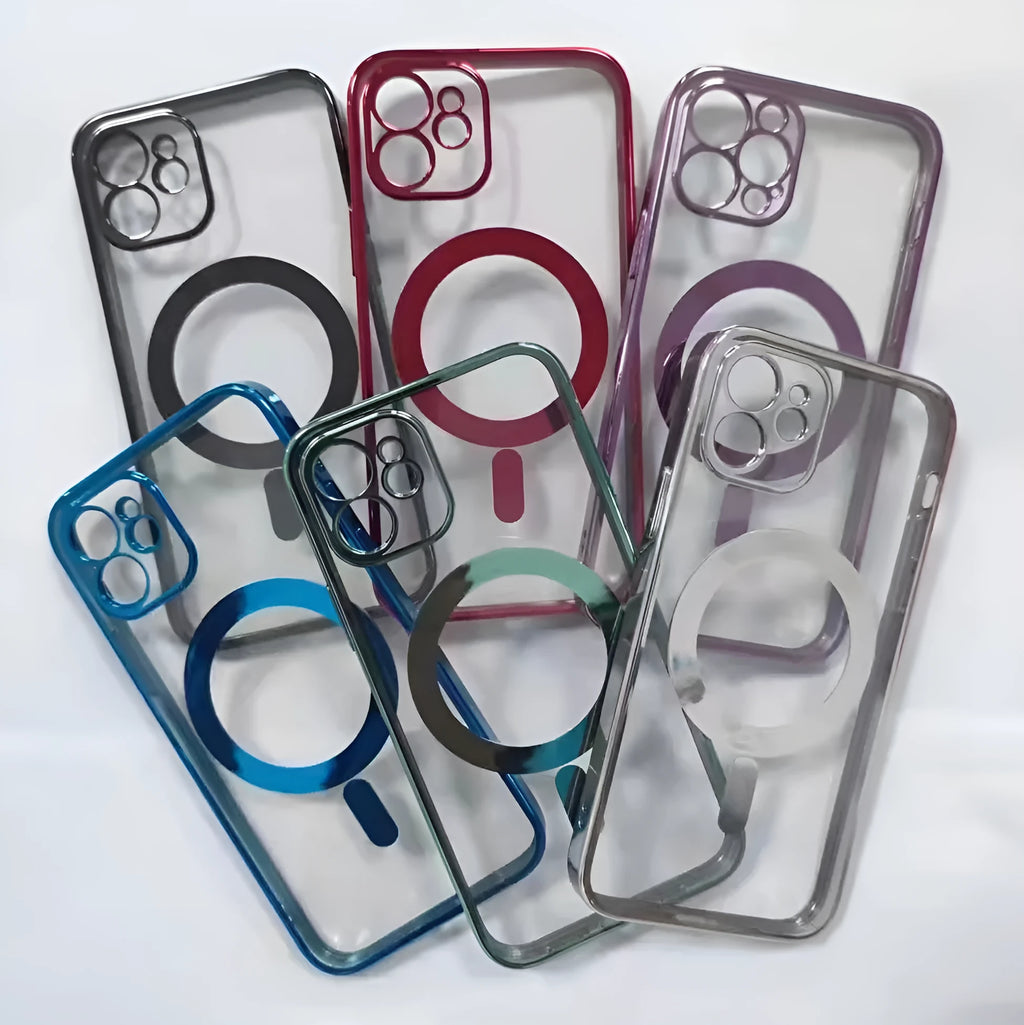 Electroplated silicone and TPU back cover for magnetic iPhone cases in various colours.