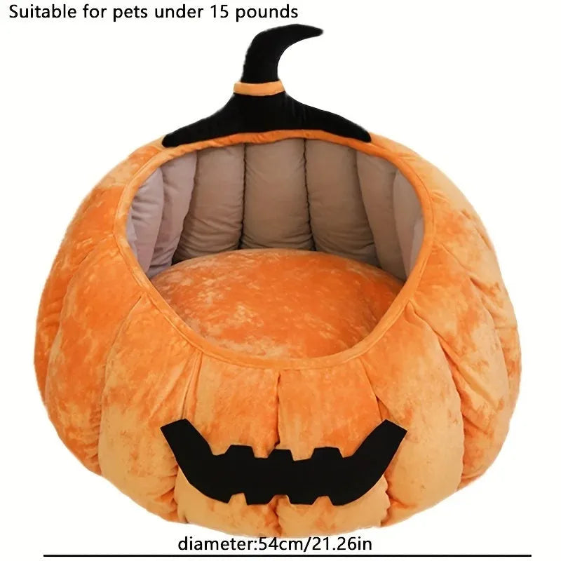 Orange plush Halloween pumpkin cat bed with cartoon devil face for small dogs