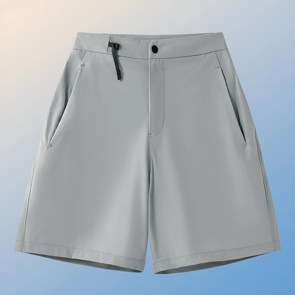 Men's quick-drying sports shorts in khaki colour with 3D cut and elastic waistband on a plain background.