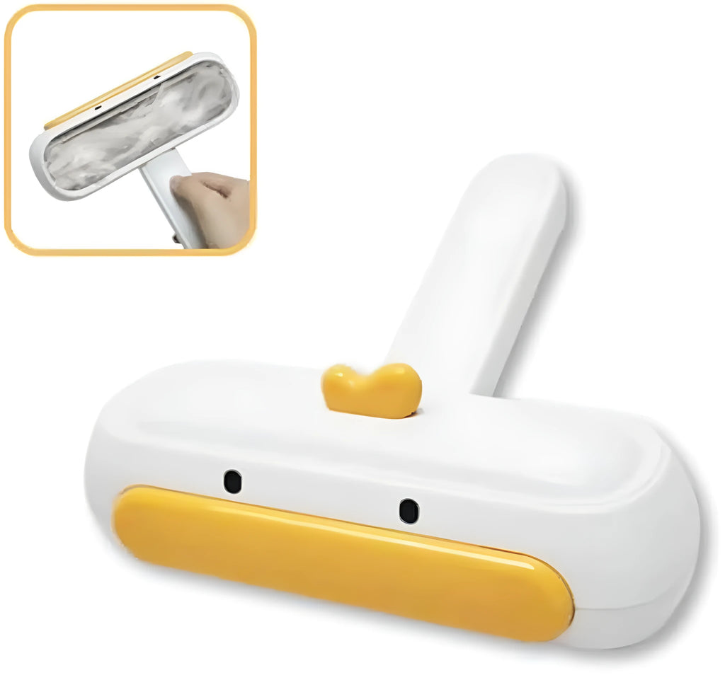 White portable pet hair remover with yellow duck design and polyester bristles.