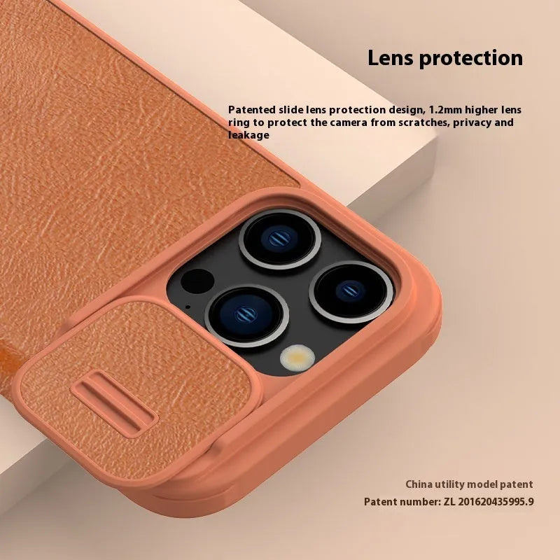 Imitation leather flip phone case for iPhone 15 in Black, Brown, and Red colours