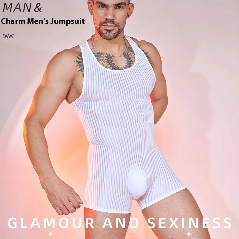 Men's lightweight nylon jumpsuit with wide vertical stripes in black, shown in a free size fit.