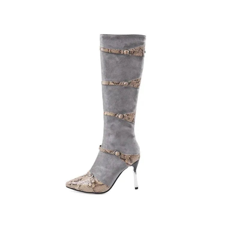 Women's grey knee-high high-heel boots with a 9cm heel and velvet lining on a white background.
