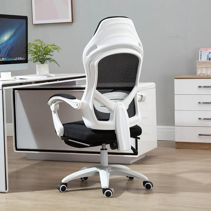 Black and white rotating office gaming chair with reclining backrest and linkage armrests