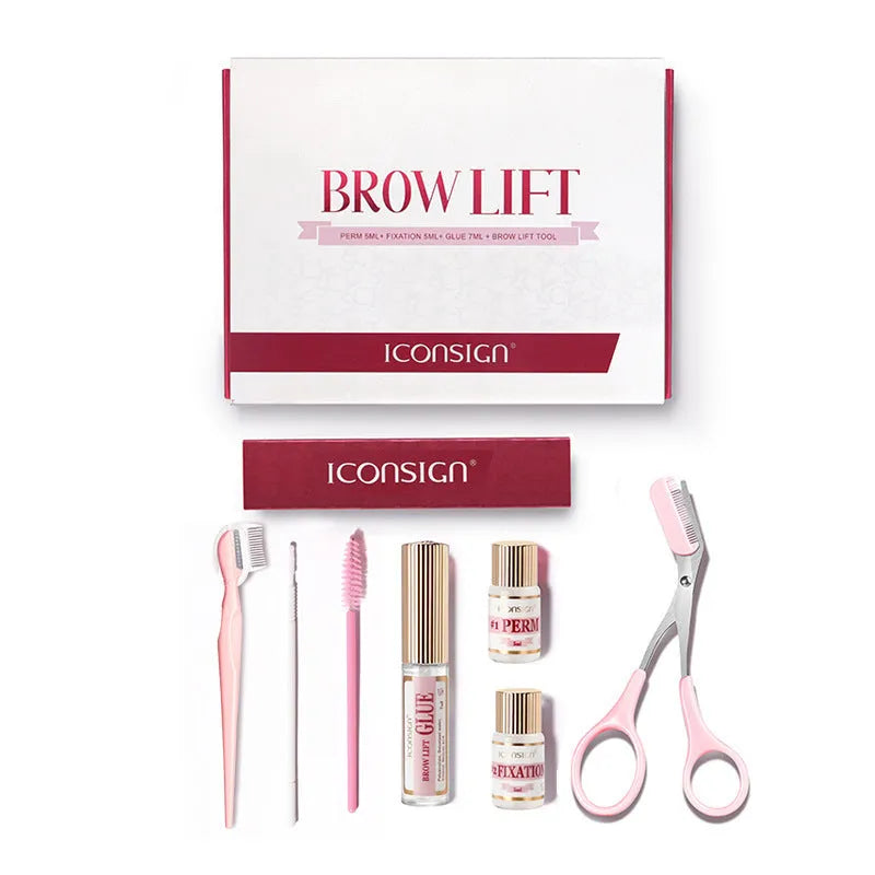 Pink eyebrow quick ironing tool inside a complete eyebrow perm suit set for home grooming.