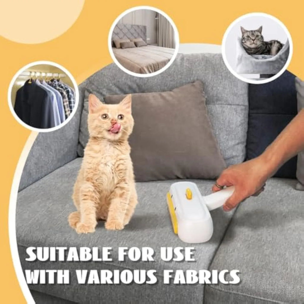 White portable pet hair remover with yellow duck design and polyester bristles.