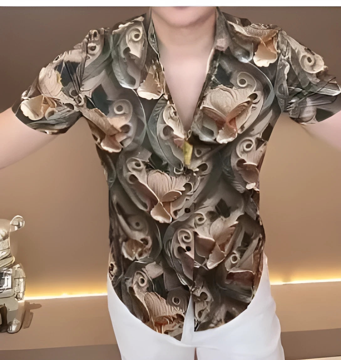 Men's printed button-up shirt on a model, available in sizes S, M, L, XL, and 2XL.