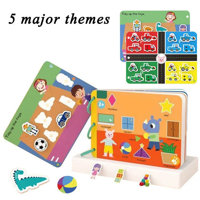 Montessori paste quiet book with metal build, showing themed pages for infant learning