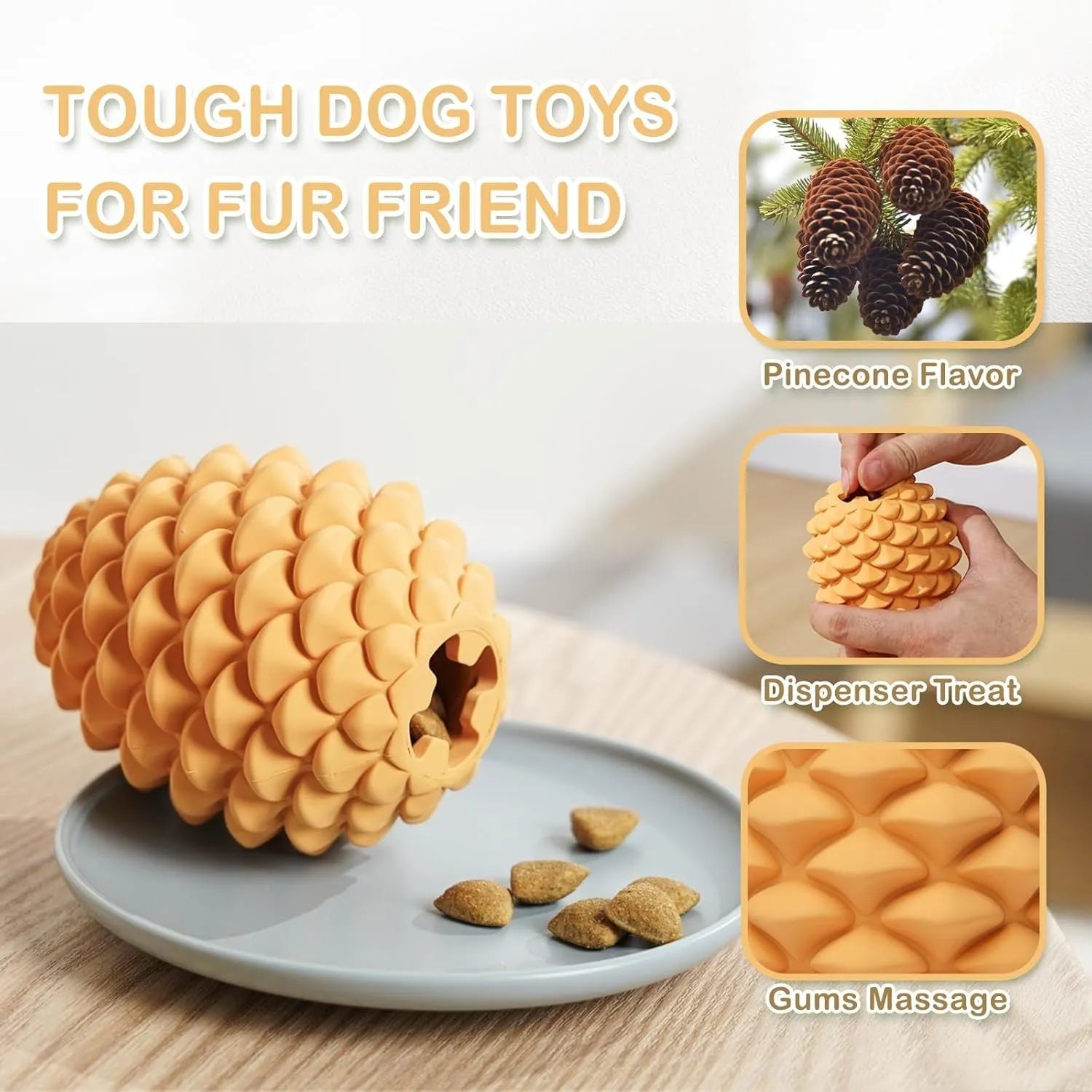 Yellow pine cone shaped natural rubber dog toy with treat dispenser for large dogs